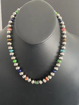 Sterling Silver Navajo Pearls 10 Mm Multistone Bead Necklace  19 Inch • £221.18