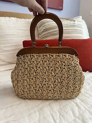 Vintage 50s 60s Gaymode Japan Blonde Raffia Wood Handle Purse • $39.95