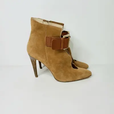 Manolo Blahnik Womens Booties Size 37 US 7 Camel Tan Suede Leather Buckle Ankle • $109