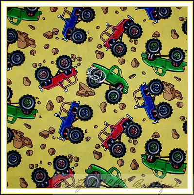 BonEful Fabric Cotton Quilt Yellow Baby Monster Truck Jeep Tire Spring Kid SCRAP • $0.57