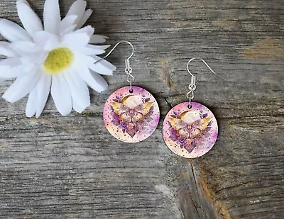 Mystical Moth Round Wood Printed Dangle Earrings Jewelry • $14.98