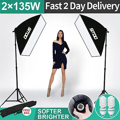 2× 135W Studio Softbox Lighting Kit Continuous Light Stand Soft Box Photo Video • £36.99