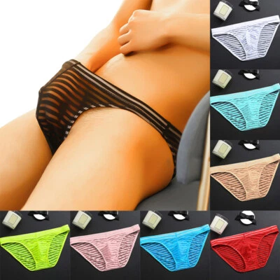 $3.39 • Buy Briefs Striped Panties Thongs Men Underwear Lingerie Mesh Sheer Pouch Ice Silk