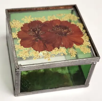 Vintage Glass Hinged Lid Mirror Bottom Trinket Box With Dried Pressed Flowers 3  • $13.99