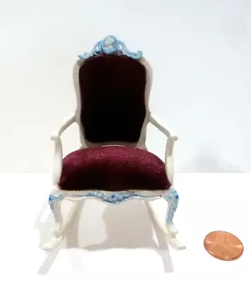 Bespaq Dollhouse Miniature Rocking Chair White With Maroon Fabric & Blue Trim • $39.95