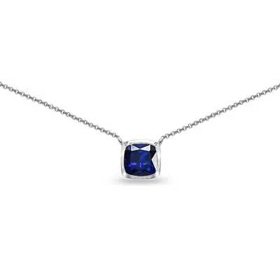 925 Silver Created Blue Sapphire Cushion-Cut Bezel-Set Solitaire Choker Necklace • $19.99