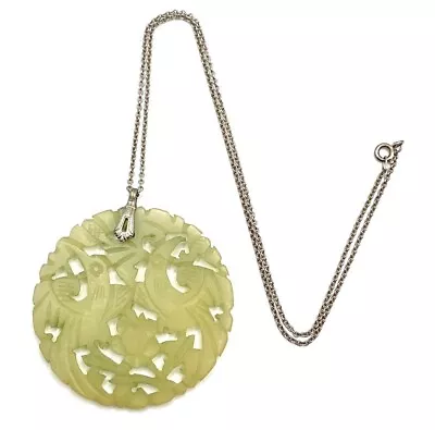 $40 • Buy Vintage Necklace LARGE Carved Nephrite Jade Pendant On Sterling Silver Chain.
