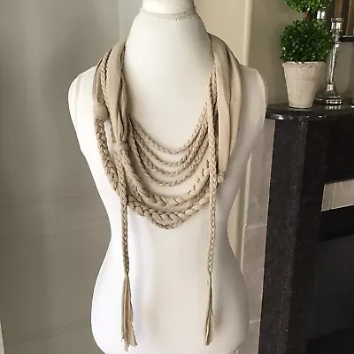 NEW Scarf Necklace Beige Multi Loop Braid Tassel Knot Multi Loop SOFT Knit Boho • $19.95