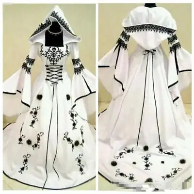  Black Lace Embroidery Satin Gothic Wedding Dresses Hooded Medieval Bridal Gown • $134.11