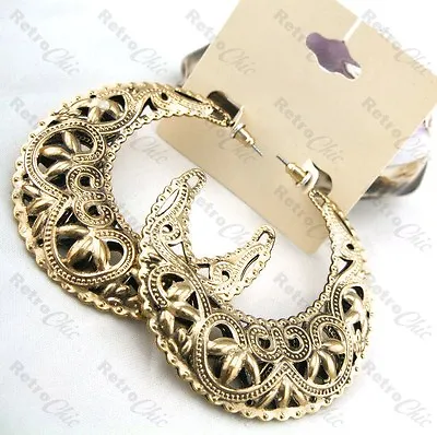 ORNATE FILIGREE Gypsy Hoops 5cm Big HOOP EARRINGS Vintage Gold/silver Fashion • $3.64