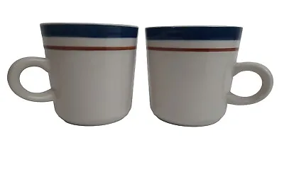 Vtg Japanese Stoneware Coffee Mugs Blue Brown Stripe Set Of 2 • $19.55