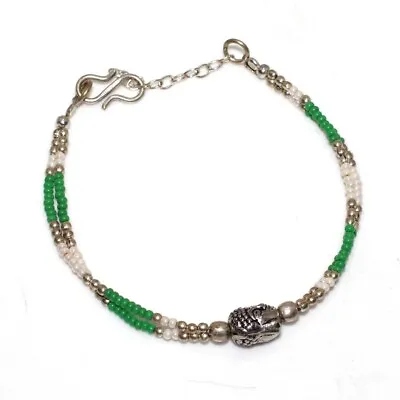 925 Silver Plated-Green Onyx Pearl Ethnic Beaded Bracelet Jewelry 8.5  MJ • $2.99