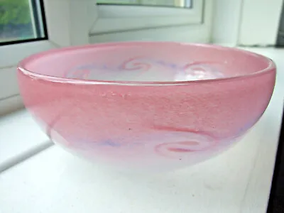 Vasart Scottish Glass Bowl Pink With Blue Swirls Signed 17.8cm (7 Inch) Diam • £60.99