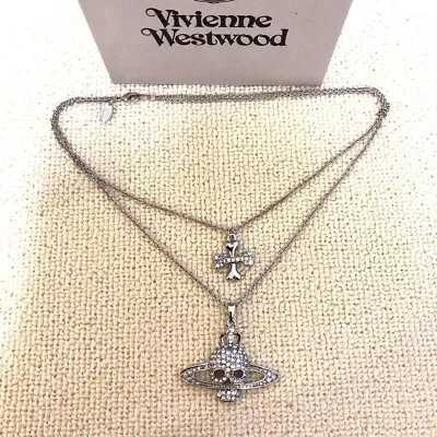 Vivienne Westwood Skull Orb Stone Double Chain Necklace Silver Outlet Authentic • $118.90