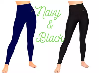 Womens GO2 Compression Leggings Black Or Navy Tummy Control High Waist Pockets • $9.97