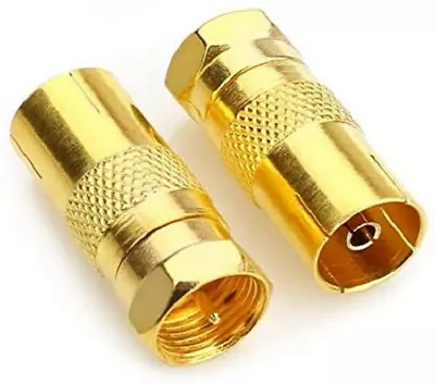 ASCL 2 X Gold Coax Socket Female F Plug Male Adaptor TV Satellite Aerial Cable • £3.29