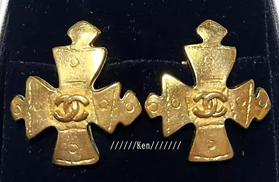 CHANEL Earrings AUTH Coco Logo Mark Vintage Gold Rare 94P Cross CC 1994 F/S • £463.08