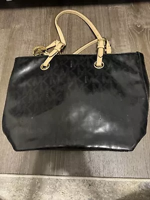 Michael Kors Signature Black Patent Leather Monogram Jet Set Shoulder Bag Tote • $49.99