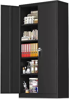 Metal Storage Cabinet 72” Black Garage Steel Locking Cabinet With Doors And 4 A • $178.99