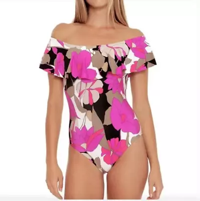 Nwt Trina Turk Lynx Floral Print Ruffle Of The Shoulder 1 Piece Swimsuit 8 $162 • $51.50