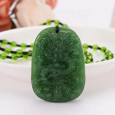 Natural Green Jade Necklace Pendant Hand-Carved Lucky Amulet Chain Fashion Gift • £7.19