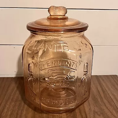 Planters Mr Peanut Pink Depression Glass Pennant 5₵ Salted Jar 12  Tall Octagon • $199.99