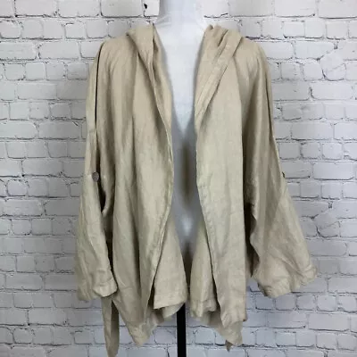 La Fixsun 100% Linen Tan Hooded Open Front Jacket Size M Oversized • $33.99