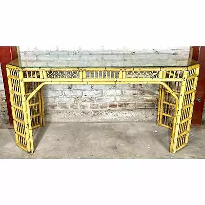 Vintage Brighton Pavilion Chinese Chinoiserie Bamboo Rattan Long Console Table • $1695