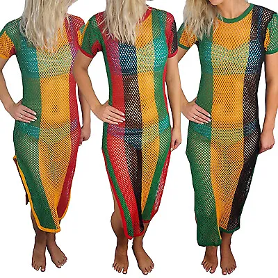 Crystal Ladies Striped Strech Rasta Dress Cover Up 100% Cotton String Mesh Fishn • £7.99