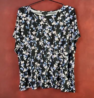 J. JILL Short Sleeve Stretchy Pullover Knit Top Dolman Sleeves XL Black Floral • $25.95