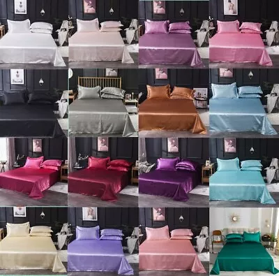 $37.51 • Buy Satin Silk 3Pcs Bedding Set Flat Bed Sheet Pillowcase Flat Sheet Queen/King H194