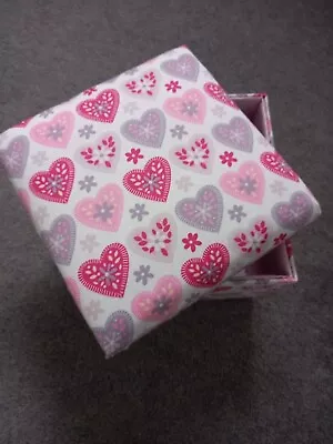 Handcrafted Fabric Covered Storage Box In Pretty Pink/grey Heart Shaped Fabric • £8