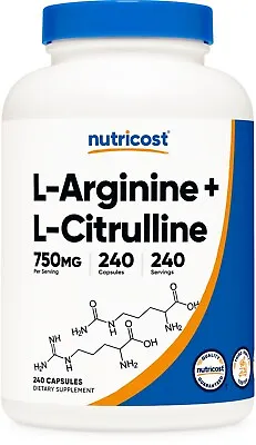 Nutricost L-Arginine L-Citrulline Complex 750mg 240 Capsules - Non-GMO • $17.98