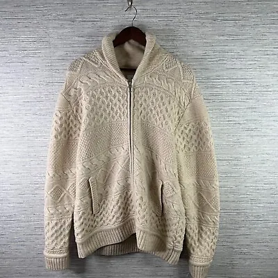 Huckberry Wills Sweater Mens Large Cream Cardigan 100% Wool Aran Fisherman Adult • $88.88