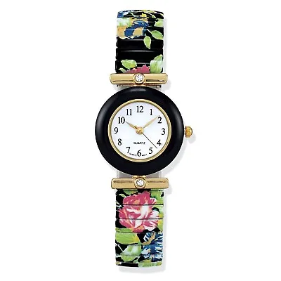 Floral Stretch Band Watch Easy Read Black Marble Dial • $14.95