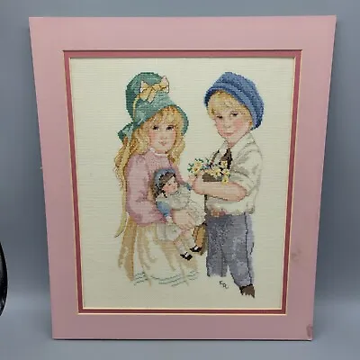 Vintage Embroidered Picture Sweet Blond Brother And Sister Needlepoint  • $24.99