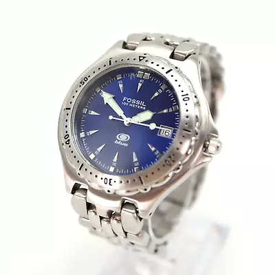 Mens Fossil Blue Silver Tone Watch 40mm Date Dial Stainless Steel AM3592 Working • $29.99