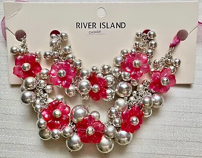 £9 • Buy BN River Island Silver Bauble And Hot Pink Flower Necklace And Bracelet Set
