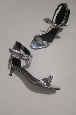 REBECCA MINKOFF Kaley Knotted Kitten Heel Sandal Womens Size 6.5 Silver Leather • $8.99