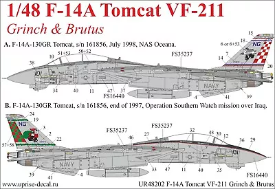 1:48 Decal Grumman F-14A Tomcat Vf-211 Grinch & Brutus - UpRise Decal UR48202  • $18.95