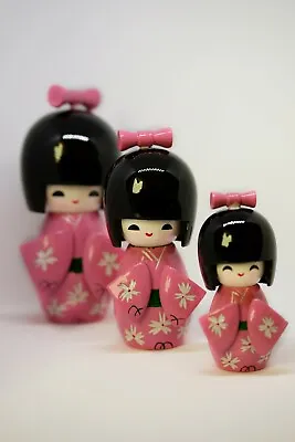 Set Of 3 Japanese Girls Kokeshi Wooden Pattern Kimono Dolls • £15.95