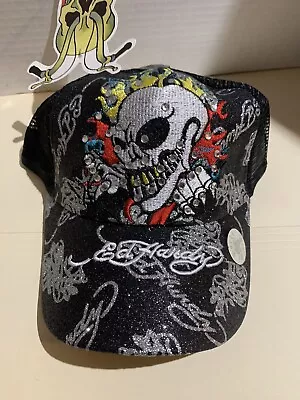 Womens Rhinestones Black Ed Hardy Trucker Hat Embroidery Skull SnapBack Mesh Cap • $39.99