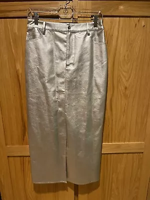 WAYF Womens Metallic Faux Leather Front Slit 5-Pocket Midi Skirt SZ Sm Silver • $11.85