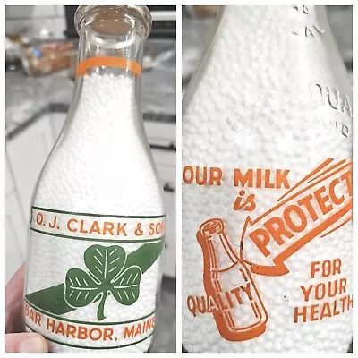 BAR HARBOR ME  O.J. Clark & Sons  MAINE MILK BOTTLE Dual Pyro Four Leaf Clover • $24.95