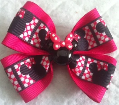 Girls Hair Bow 4  Wide Minnie Mouse Ribbon Pink Minnie Flatback French Barrette • $6.99