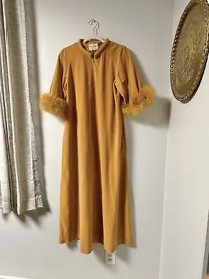 Vintage 50s 60s Duster House Coat Robe Ballerina Dancer Gold With Feathers RARE • $169.97