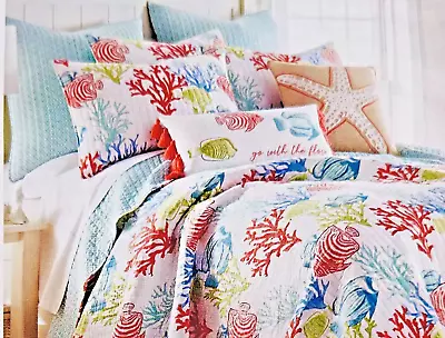 🪸🐠 3-Pc Sea & Sand Beach House Full-Queen Quilt Set Tropical Fish Coral Reef • $103.96