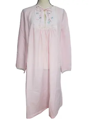 Vintage Lorraine Nightgown 2X L/S Lace Trim Embroidery Pink Fleece Sleep USA • $15