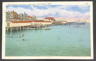 1937 Bath Houses & Beach From Pier At Oak Bluffs MA Postcard Massachusetts • £9.63