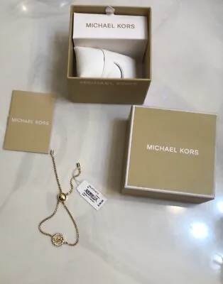 Michael Kors Gold Tone Plated Brass MK Logo & Crystal Station Bracelet NWT & Box • $54.50